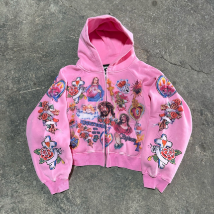 We Are Righteous The Risen King Cropped Zip Up Hoodie Pink